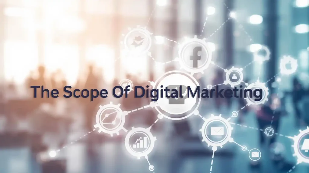 "Scope of Digital Marketing — futuristic network icons showing growth, analytics, and online marketing strategy in a modern business environment"